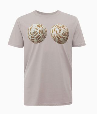 Grey T-shirt with breast forms made from cigarettes
