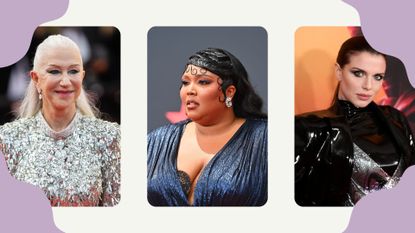 Collage of makeup trends 2023 on Helen Mirren, Lizzo and Julia Fox