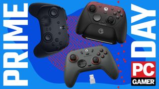 Two GameSir controllers and one Razer controller on a blue Prime Day image