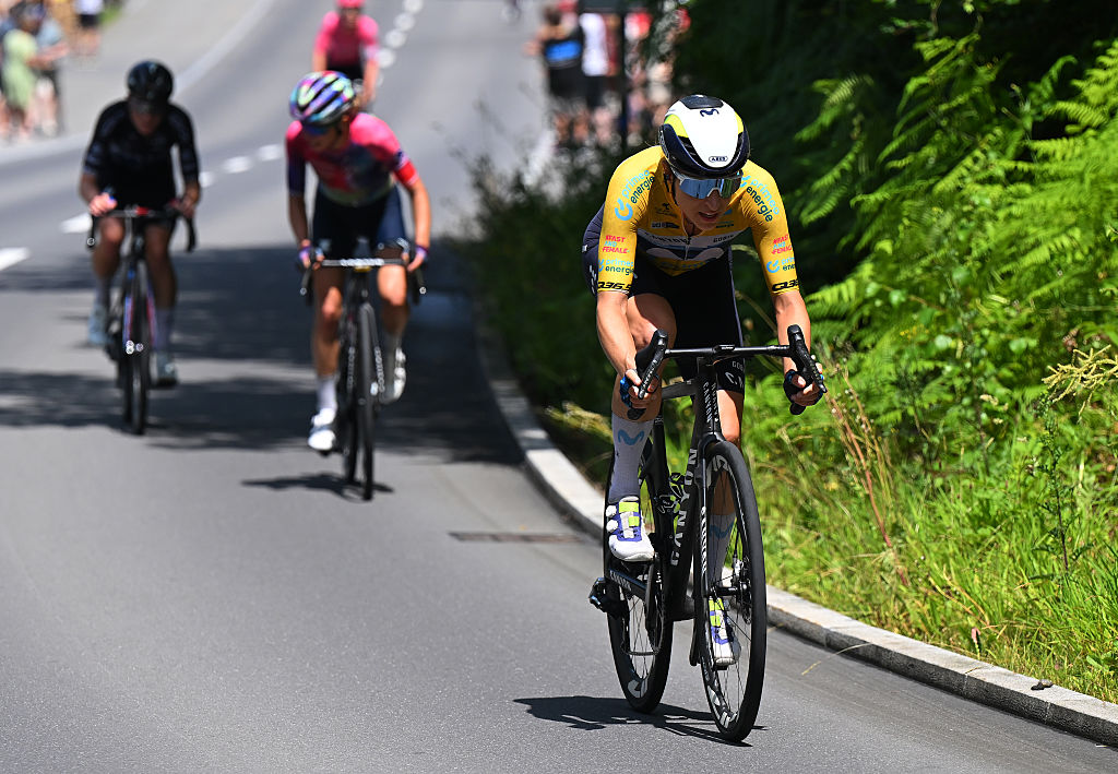 KUSNACHT, SWITZERLAND - JUNE 15: Marlen Reusser of Switzerland and Team Movistar - Yellow Leader Jersey attacks in the breakaway during the 5th Tour de Suisse Women 2025, Stage 4 a 129.4km at stage from Kusnacht to Kusnacht / #UCIWWT / on June 15, 2025 in Kusnacht, Switzerland. (Photo by Tim de Waele/Getty Images)