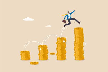 Illustration of man jumping over stacks of coins (CD rates). 