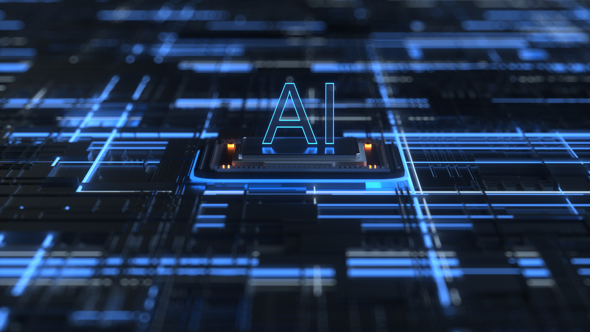 A clear chip on a circuit board with the word "AI" on it