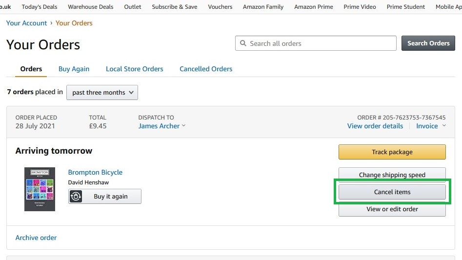 How to cancel an Amazon order on PC step 2: Find the order and click Cancel items