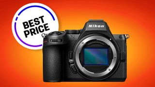 A Nikon Z5 II camera with a large sensor, showcased against a vibrant orange background with a "Best Price" badge