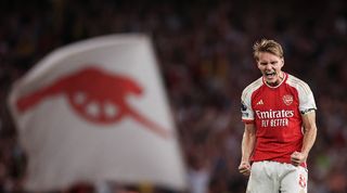 Arsenal midfielder Martin Odegaard celebrates after the Gunners' win over Manchester City in the Premier League in October 2023.