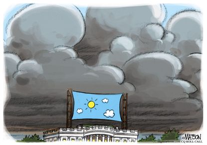 Political cartoon U.S. White House Trump lies weather