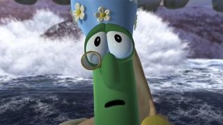 Alfred as Jonah with crashing waters behind him in Jonah: A VeggieTales Movies