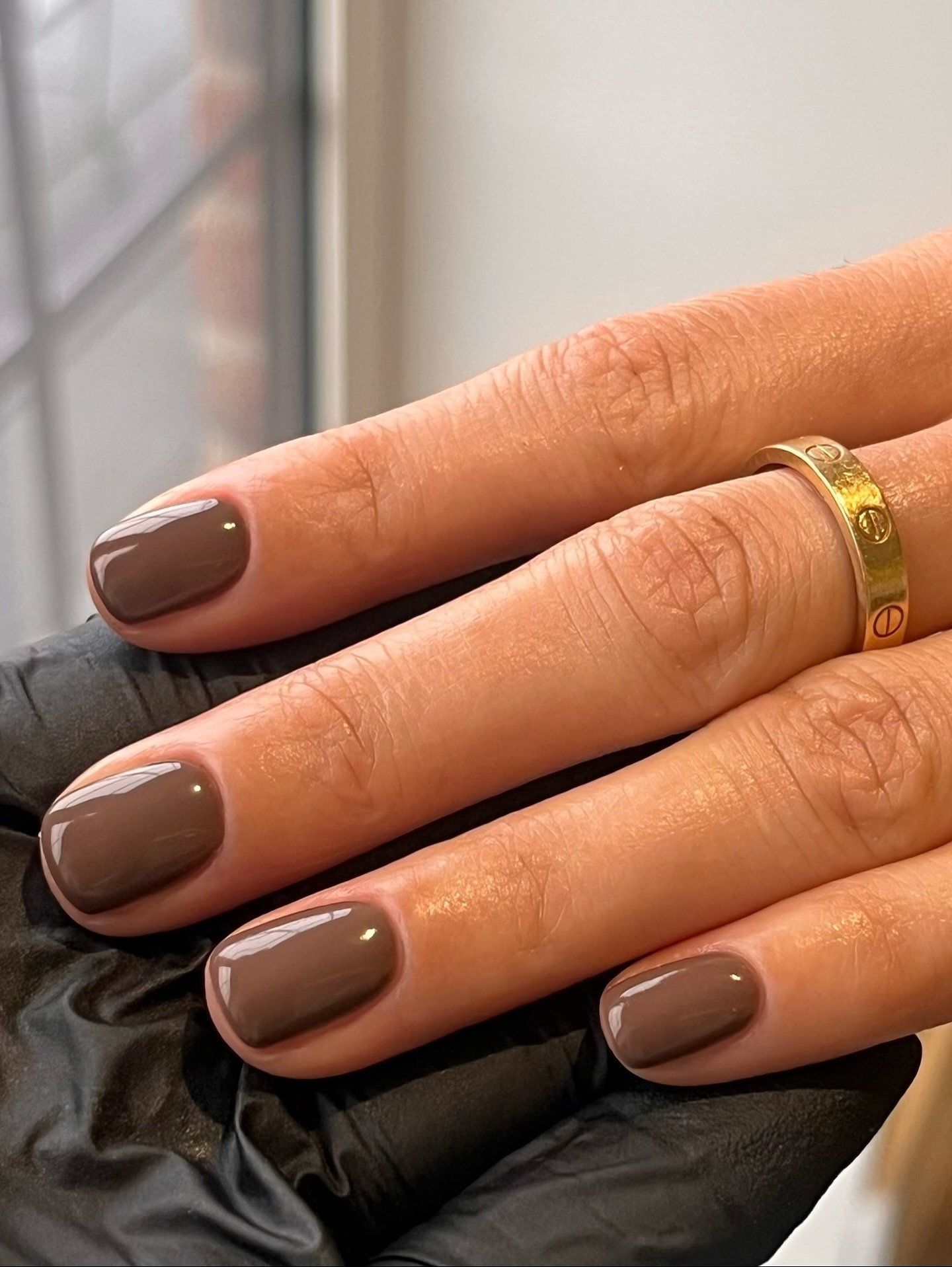 A close-up shot of a short, chocolate brown manicure