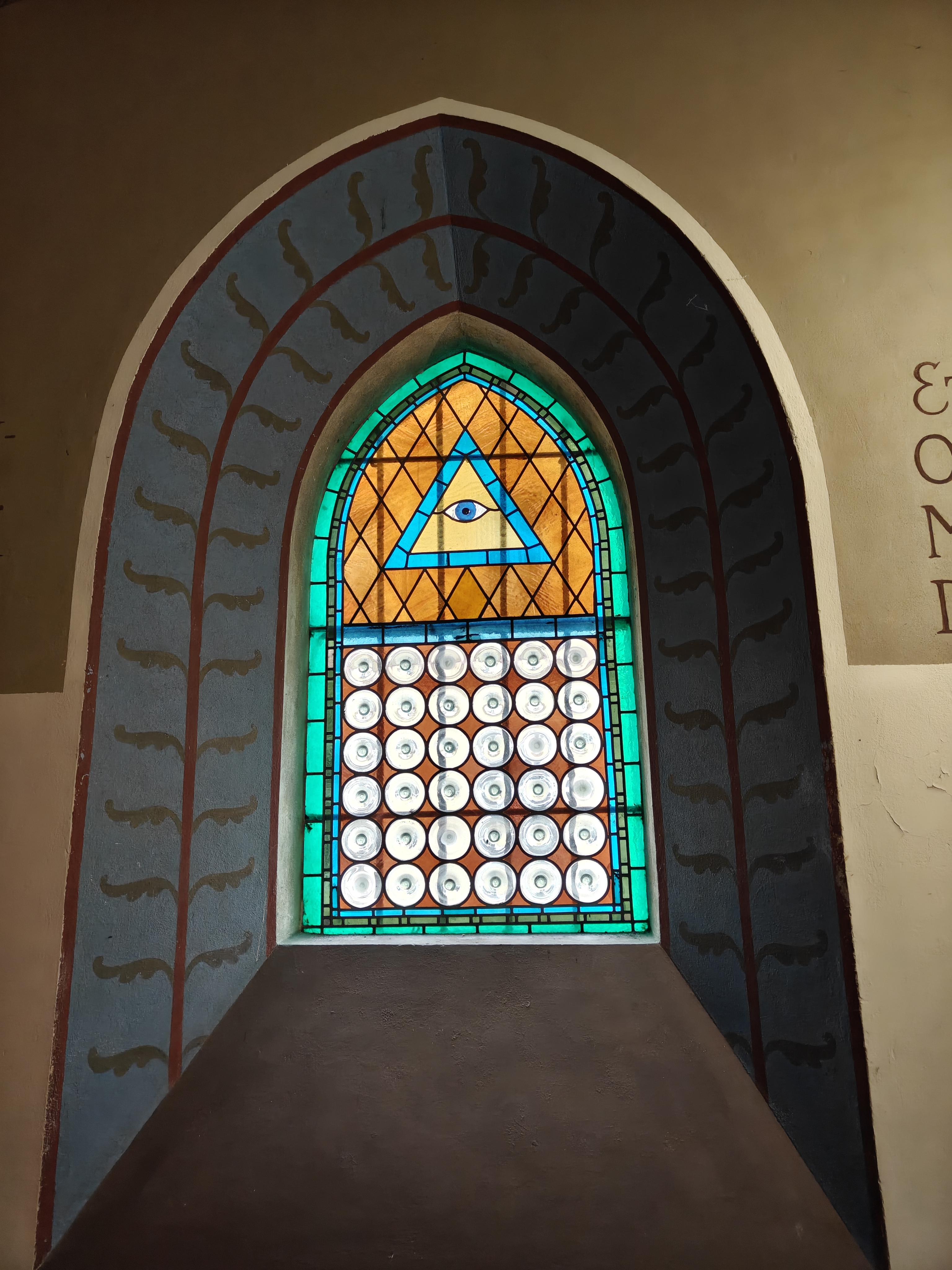 A stained glass window in a church