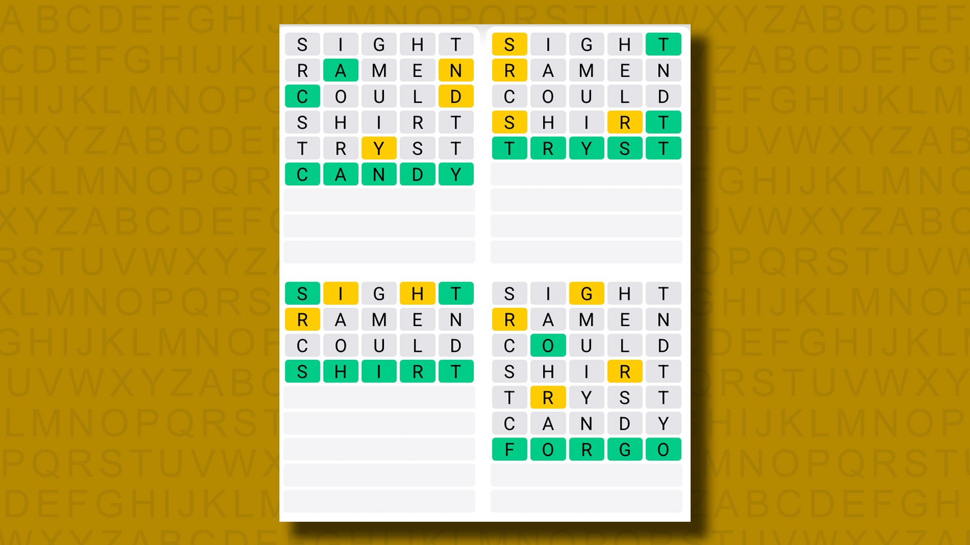Quordle answers for game 1281 on a yellow background