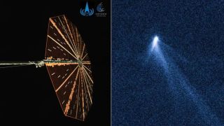 two images; on the left an umbrella-shaped solar panel on a black background. on the right, a fuzzy white dot on a dark blue speckled background