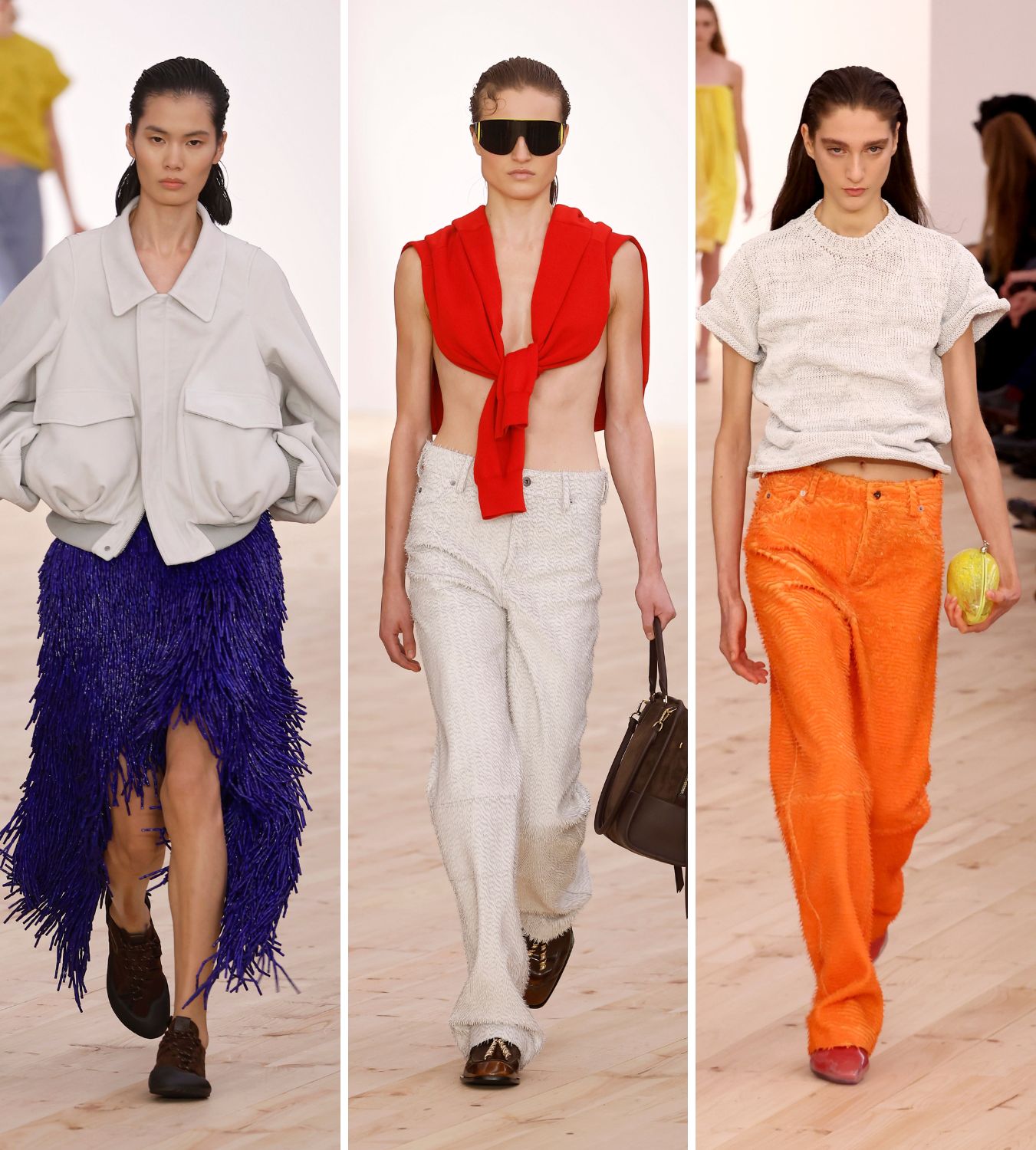 three models on the loewe ss26 catwalk during paris fashion week