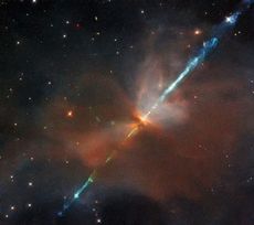  This image by the Hubble Space Telescope&rsquo;s Wide Field Camera 3 instrument, features the Herbig-Haro object HH111, which lies about 1,300 light-years from Earth. Herbig-Haro objects consist of young stars blasting superheated jets through surrounding clouds of dust and gas.