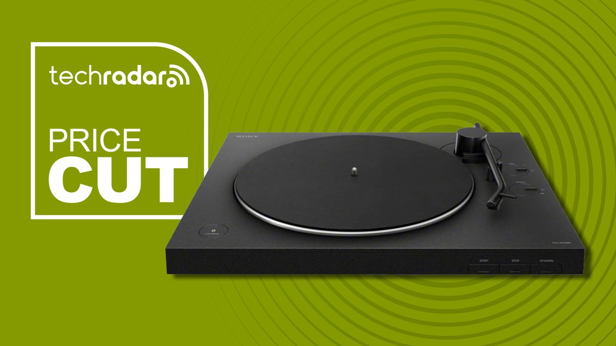 Sony PS-LX310BT turntable with green background and TR &#039;price cut&#039; badge