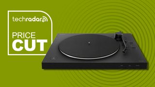 Sony PS-LX310BT turntable with green background and TR 'price cut' badge