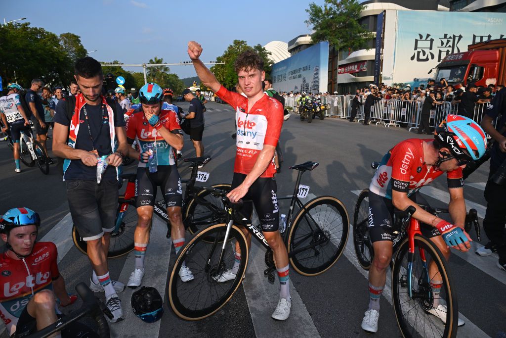 NANNING CHINA OCTOBER 20 Overall race winner Lennert Van Eetvelt of Belgium and Team Lotto Dstny Red Leader Jersey reacts after the 5th GreeTour of Guangxi 2024 Stage 6 a 134km stage from Nanning to Nanning UCIWT on October 20 2024 in Nanning China Photo by Dario BelingheriGetty Images
