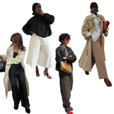 Women wearing trench coats, leather jackets, and bomber jackets. Women wearing wide-leg pants and loose-fit jeans. 