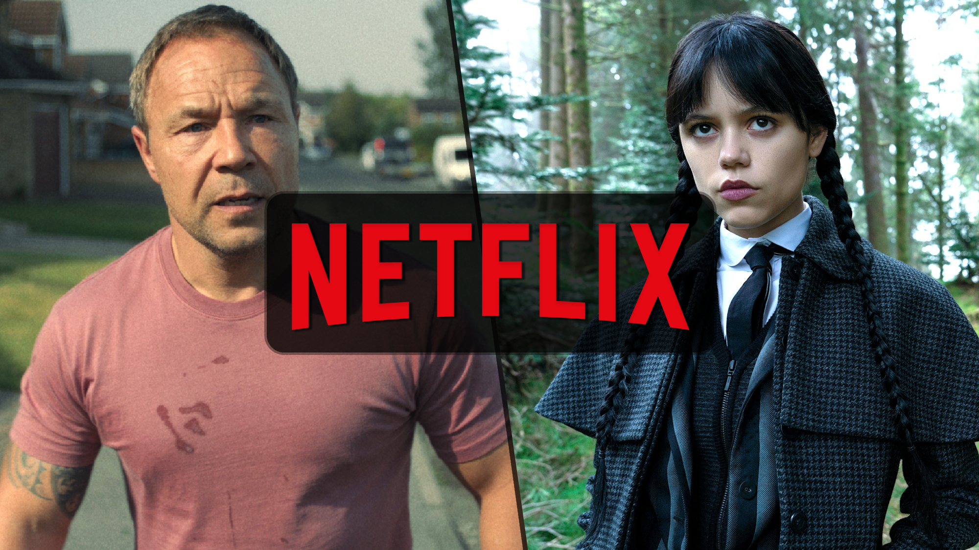 L-R: A composite still featuring Stephen Graham in "Adolescence" and Jenna Ortega in "Wednesday" season 2, with the Netflix logo (center) overlaid