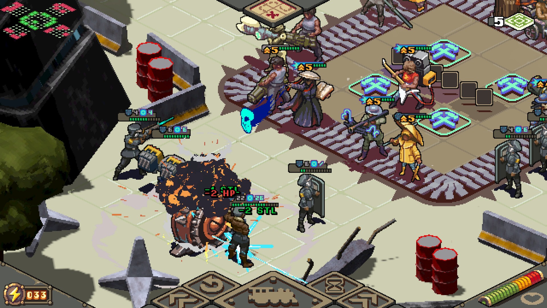 A busy battlefield as ally units square off against enemy machines and security in Australia Did It's Palisade biome