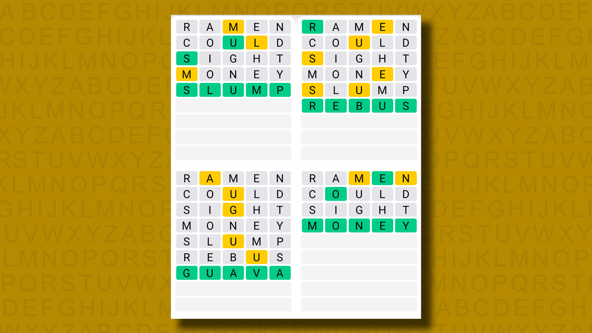Quordle answers for game 1249 on a yellow background