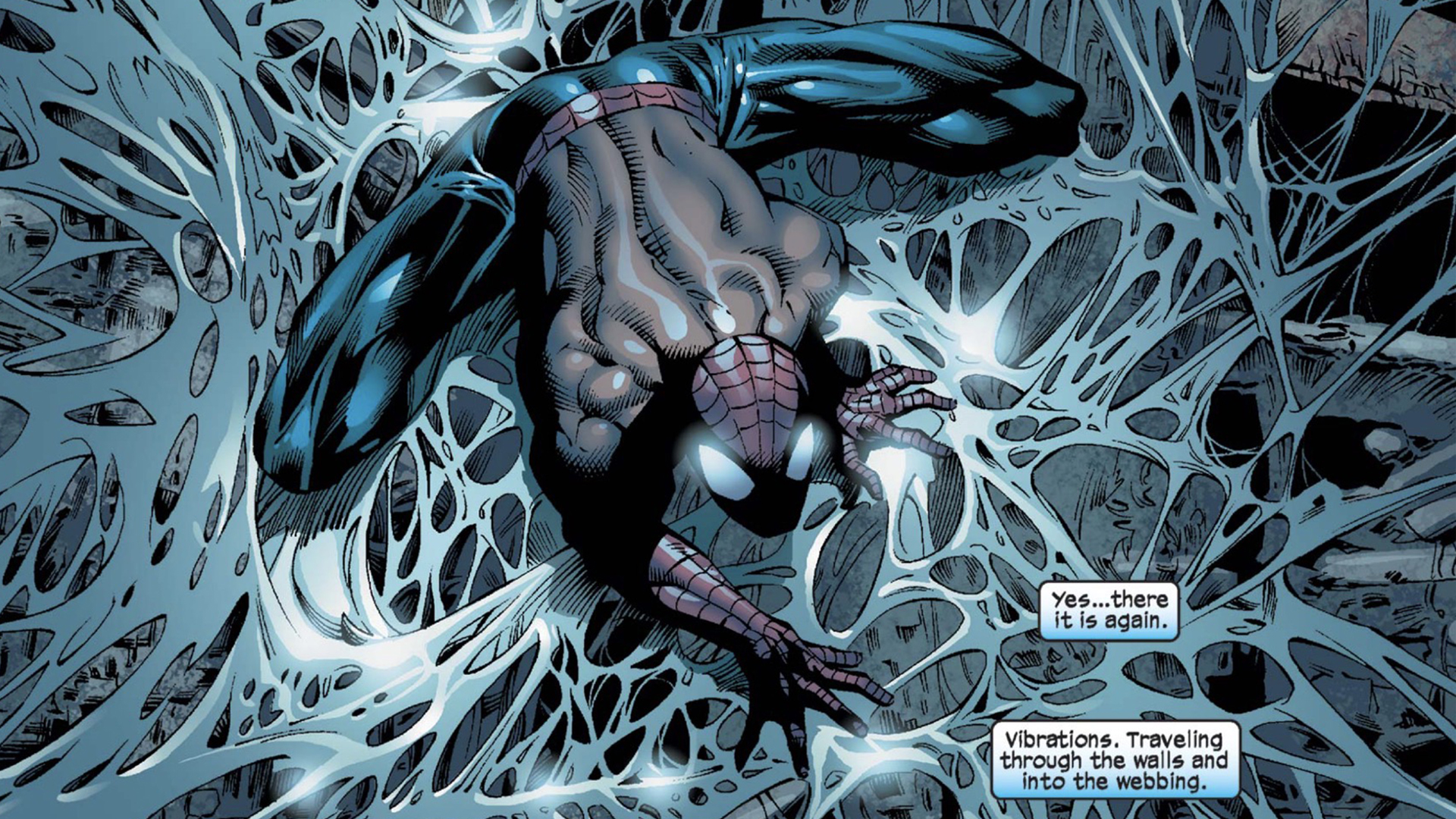 Spider-Man crawling on a web that allows him to sense vibrations