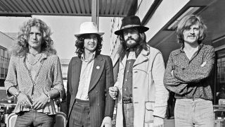 Led Zeppelin pose at Heathrow Airport, London, in June 1973