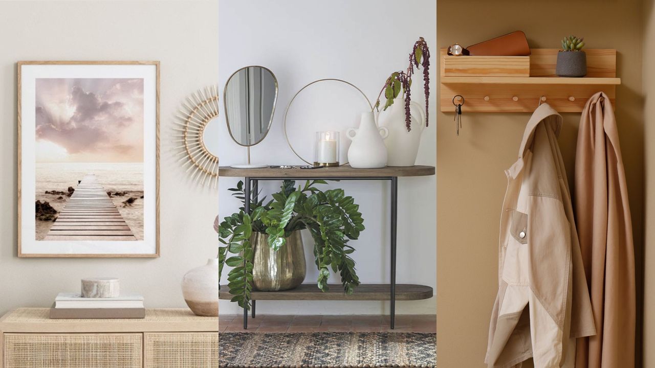 Small entryway Feng Shui mistakes are no-gos. Here are three pictures of entryways one of a eall art print, one of a console table, and one of wall hooks