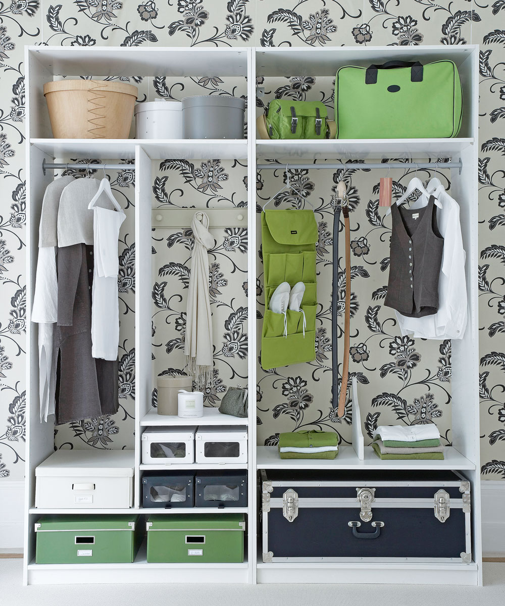 floral wallpaper with white shelves and clothes