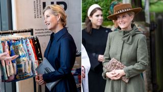 Composite of Duchess Sophie wearing a clutch bag during a visit to The London College of Fashion in 2024 and at Christmas 2023