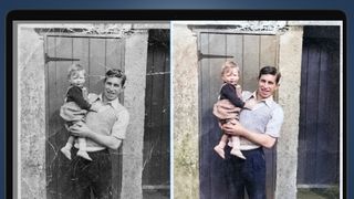 A laptop screen showing a before and after photo restoration in Photoshop