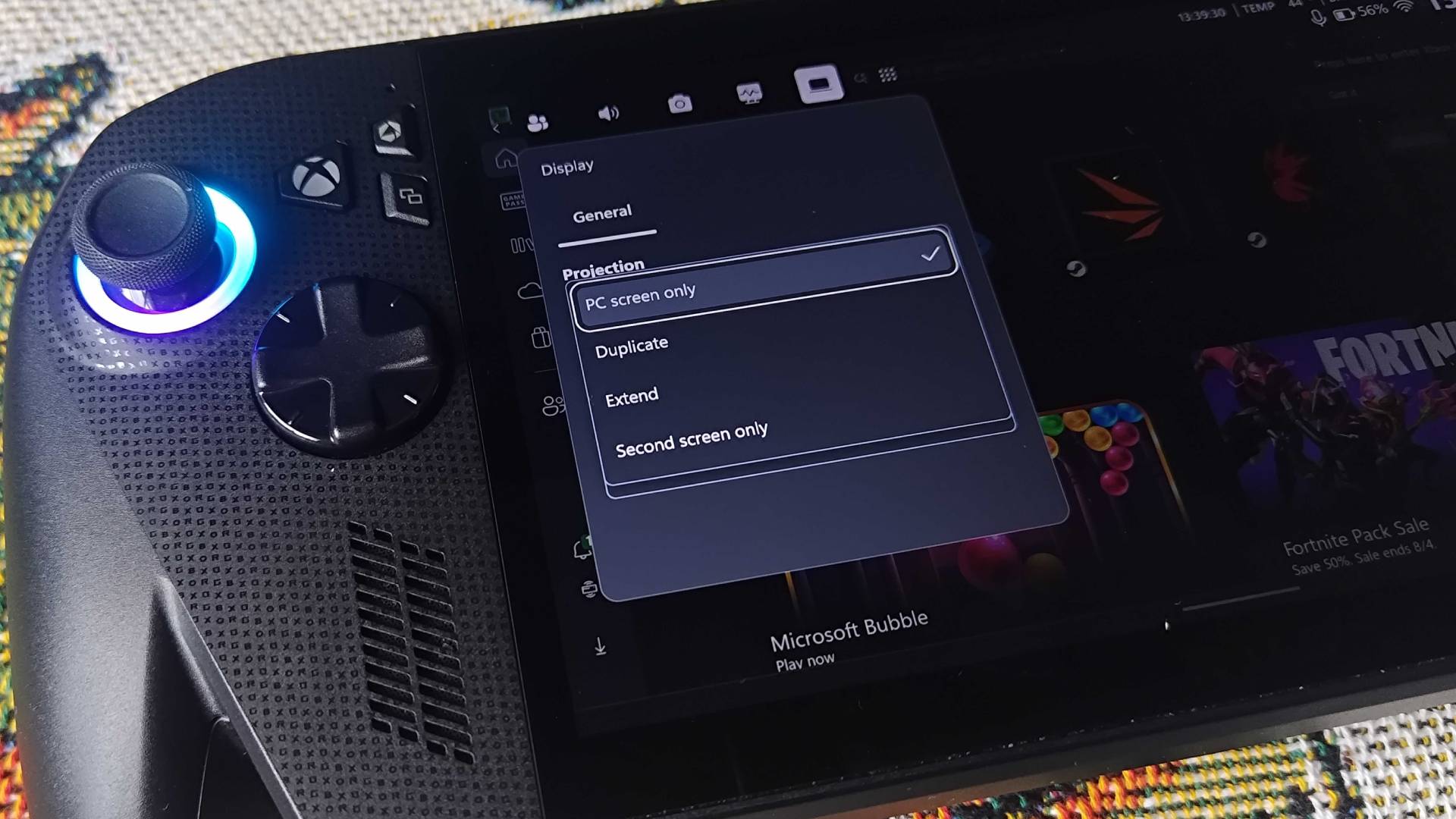 Close up of ROG Xbox Ally X Display widget on Game Bar with Projection drop down and PC screen only selected.