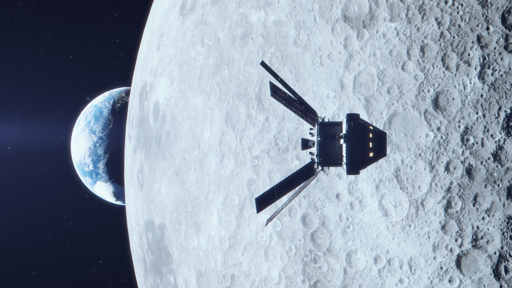 silhouette of orion spacecraft in front of moon, during earthrise