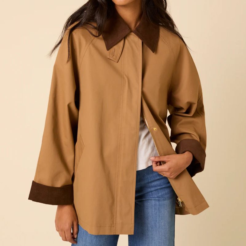 Camel Barn Coat on model 