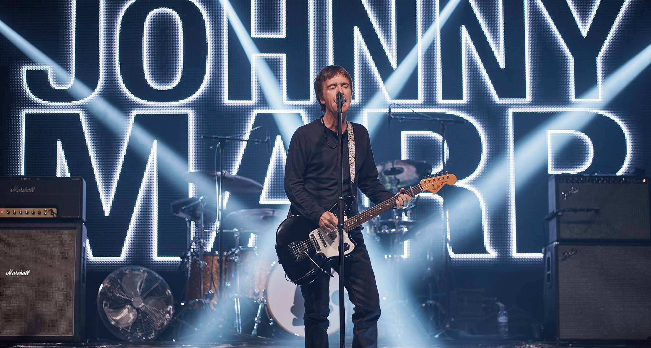 Johnny Marr pictured with one of his many Fender Jaguars.