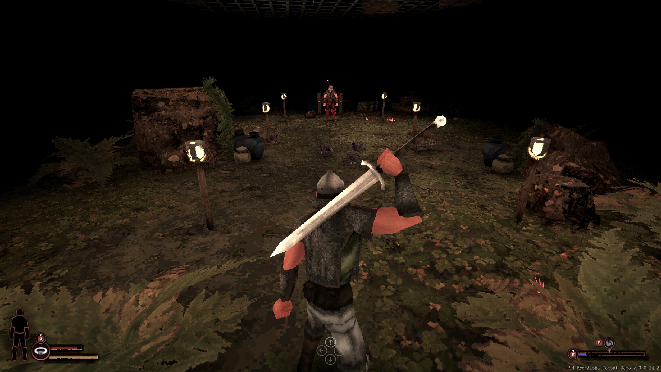 Sword Hero staring down opponent in darkened arena lit only by torches.