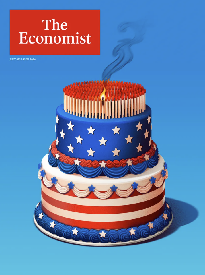 La portada del número 250 de The American Economist muestra una gran tarta de cumpleaños decorada con una bandera estadounidense y rematada con cerillas, una de las cuales está ardiendo.
