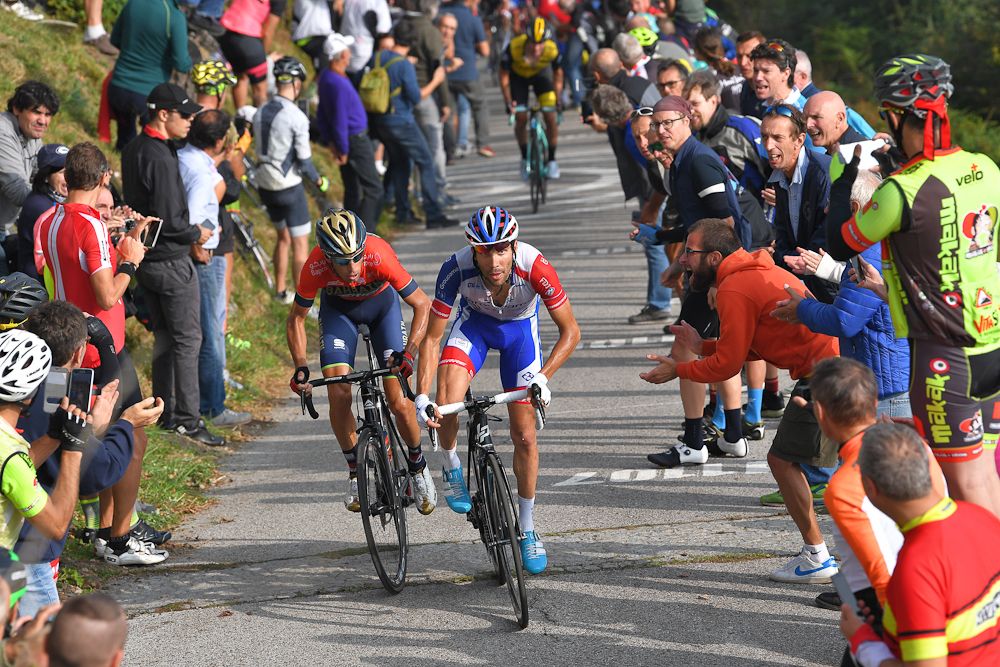 Thibaut Pinot and Vincenzo Nibali ride near the end of Il Lombardia