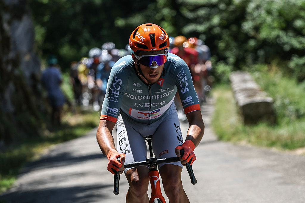 Netcompany Ineos Cycling Team's French rider K&amp;eacute;vin Vauquelin cycles during the 7th stage of the Tour Auvergne-Rhone-Alpes cycling race (formerly known as the Criterium du Dauphine), 133,6km between La Bridoire and Grand Colombier in the French Alps on June 13, 2026. (Photo by Anne-Christine POUJOULAT / AFP)