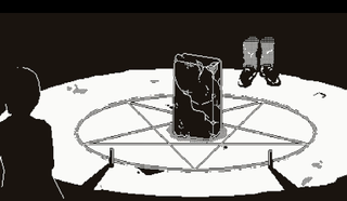 World of Horror, a cracked black obelisk stands in the midst of a pentacle.