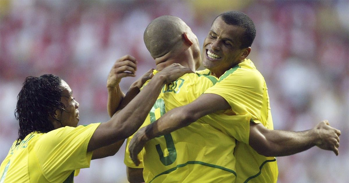 Ronaldo, Rivaldo and Ronaldinho celebrate for Brazil at the 2002 World Cup against Turkey