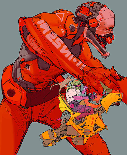 Sci-fi composition; a man riding a contraption with a cat