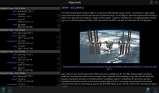 The information page for each satellite provides detailed technical information and a listing of the upcoming passes, visible and otherwise. Quick links, indicated by the clock icons, bring up the sky, showing the satellite for that date and time. The app also triggers notifications for International Space Station passes, planet risings and Iridium flares.