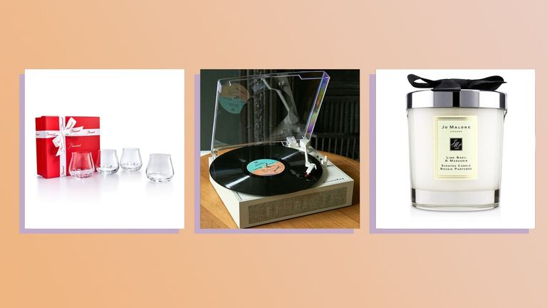 50th birthday gift ideas collage: record player, tumbler set, and Jo Malone candle