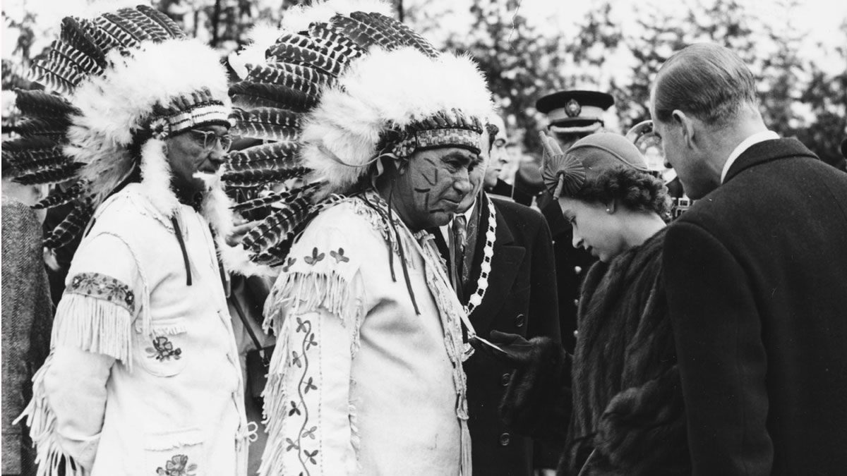 Princess Elizabeth and Prince Philip greet a group of Native American Chiefs in 1951