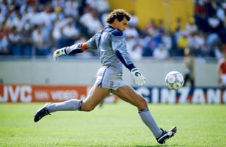 England goalkeeper Peter Shilton kicks the ball upfield at the 1986 World Cup.