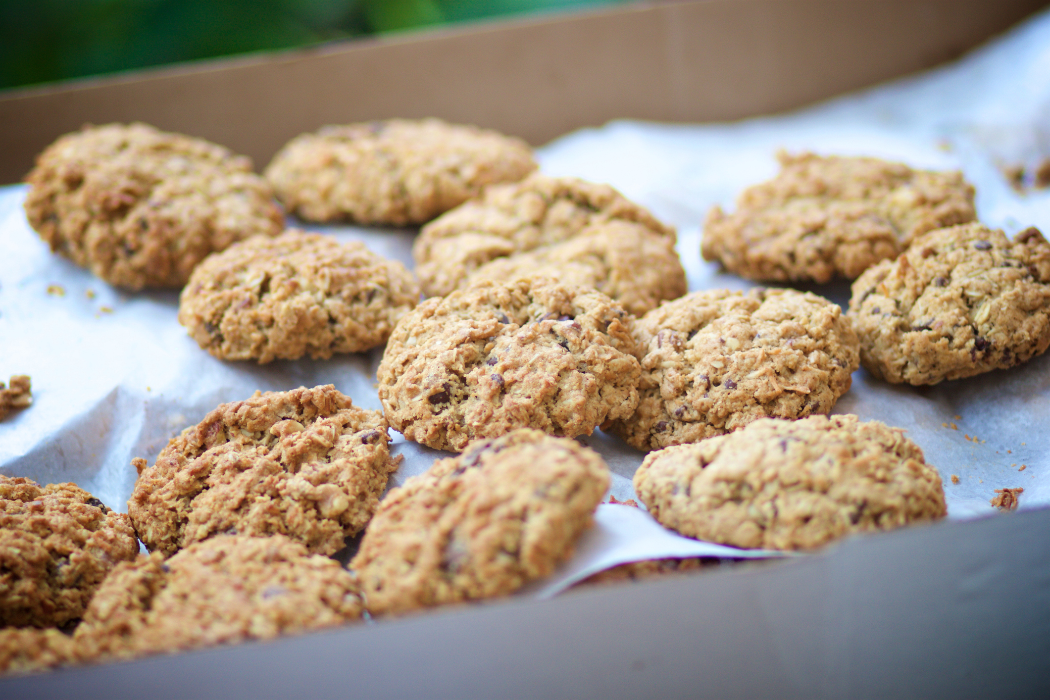 A tray of homemade flapjack biscuits.