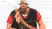 TF2's Heavy, wearing a press hat, stands in front of a blurred Google Discover news feed.
