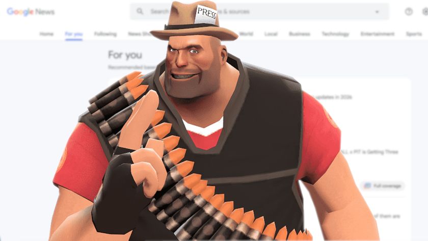 TF2&#039;s Heavy, wearing a press hat, stands in front of a blurred Google Discover news feed.