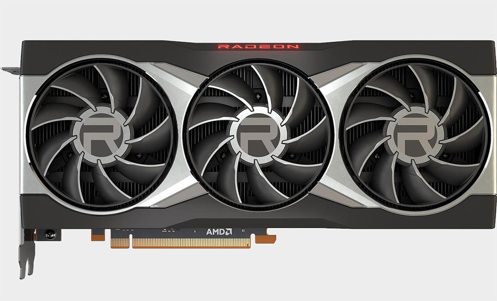 AMD Radeon RX 6800 XT reference graphics card shot from above on a grey background