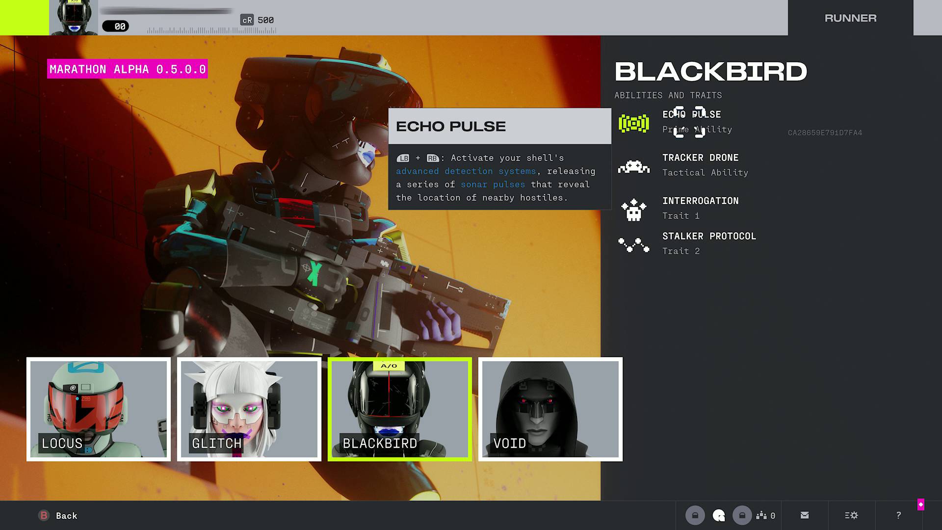 Marathon Alpha runner shell Blackbird ability page with Echo Pulse description